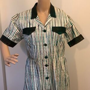 Striped Button-Up Dress with Green Accents